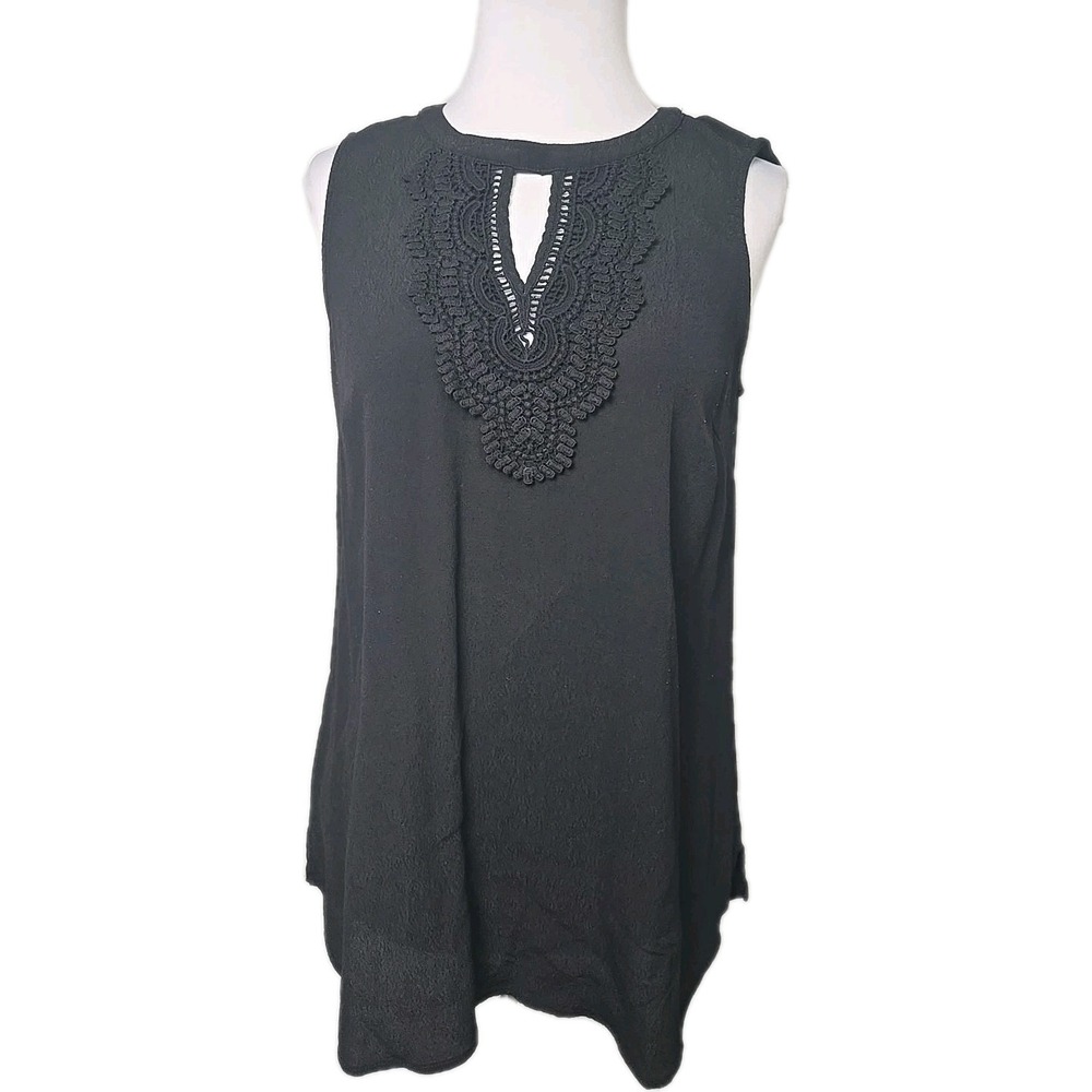 Daniel Rainn Black Contrast Sleeveless Crochet Accent Top SMALL S